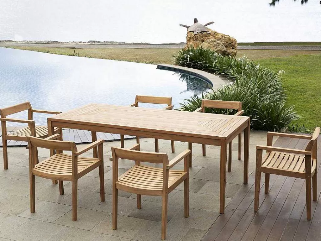 Conjunto Mesa E Cadeiras De Jardim*MYLIA Conjunto De Jantar De Jardim Em Teca, 1 Mesa C. 200 Cm + 6 Cadeiroes, Natural Claro - Allende