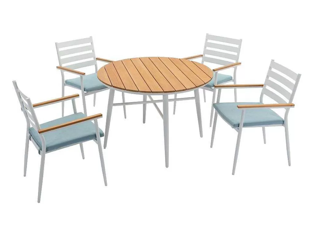 Conjunto Mesa E Cadeiras De Jardim*MYLIA Conjunto De Jantar De Jardim Madeira E Aluminio: Uma Mesa D.110 Cm E 4 Cadeiroes, Branco E Natural Claro - Miami De