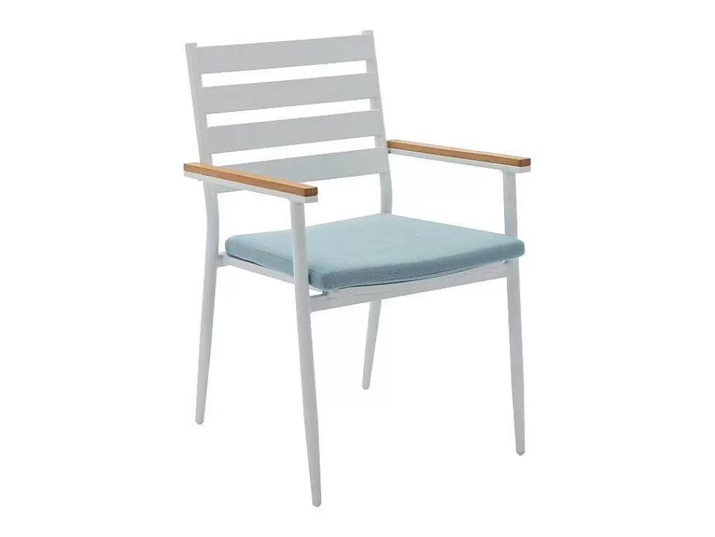 Conjunto Mesa E Cadeiras De Jardim*MYLIA Conjunto De Jantar De Jardim Madeira E Aluminio: Uma Mesa D.110 Cm E 4 Cadeiroes, Branco E Natural Claro - Miami De