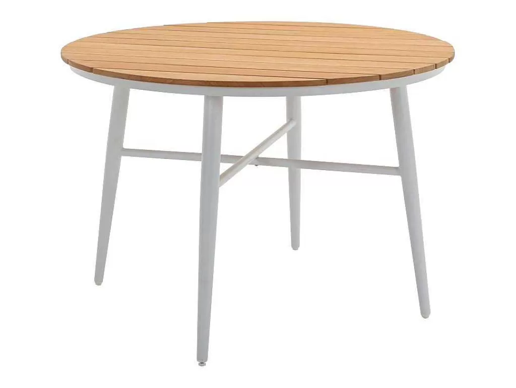 Conjunto Mesa E Cadeiras De Jardim*MYLIA Conjunto De Jantar De Jardim Madeira E Aluminio: Uma Mesa D.110 Cm E 4 Cadeiroes, Branco E Natural Claro - Miami De