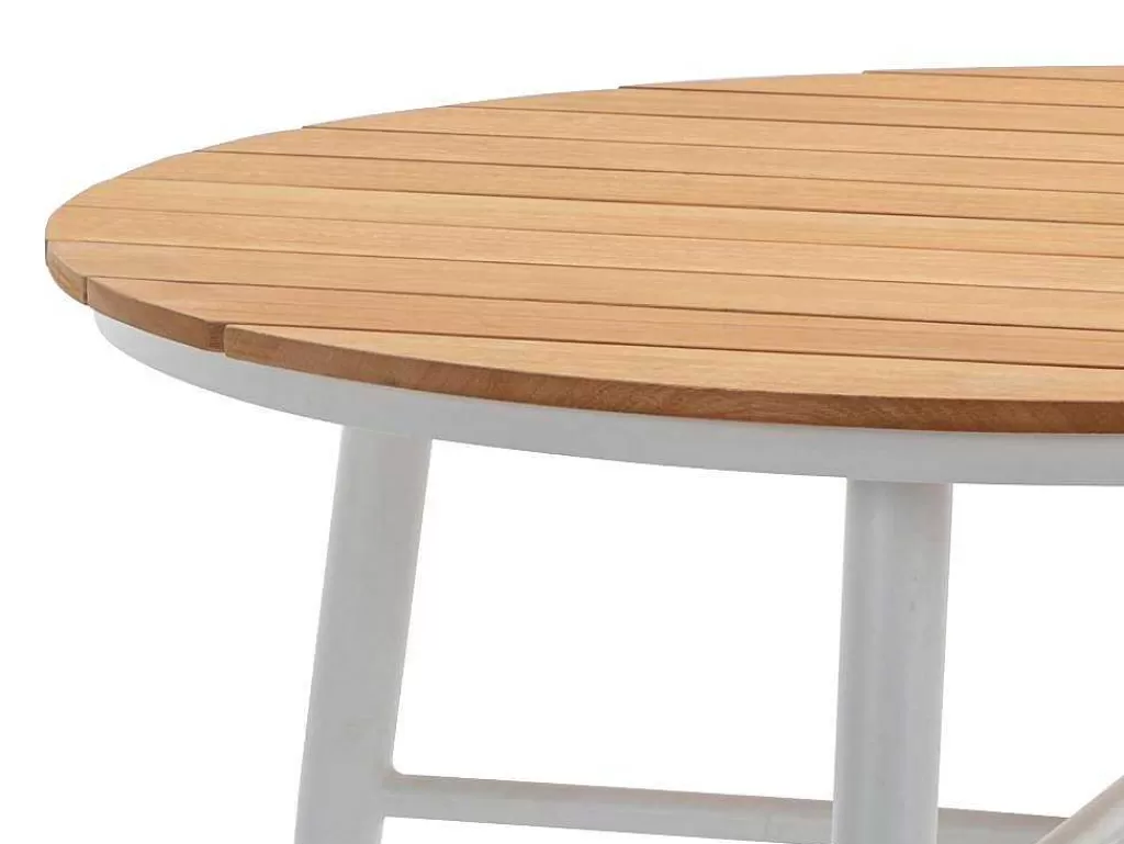 Conjunto Mesa E Cadeiras De Jardim*MYLIA Conjunto De Jantar De Jardim Madeira E Aluminio: Uma Mesa D.110 Cm E 4 Cadeiroes, Branco E Natural Claro - Miami De