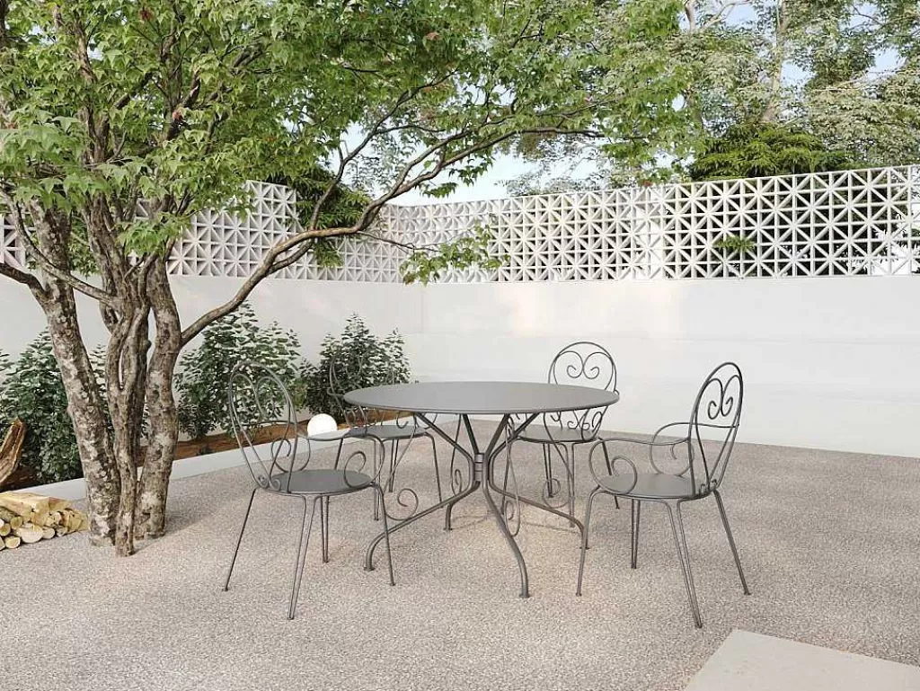 Conjunto Mesa E Cadeiras De Jardim*MYLIA Conjunto De Jantar De Jardim Metal Acabamento Ferro Forjado, Uma Mesa D120 Cm E 4 Cadeiroes Empilhaveis Antracite - Guermantes De