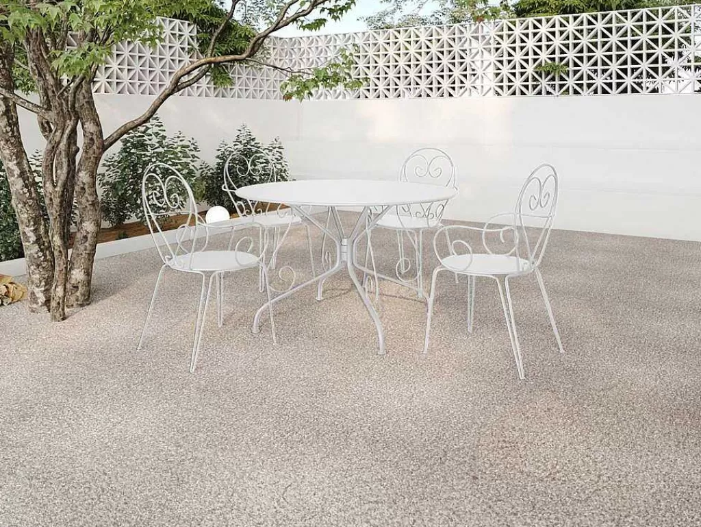 Conjunto Mesa E Cadeiras De Jardim*MYLIA Conjunto De Jantar De Jardim Metal Acabamento Ferro Forjado, Uma Mesa D120 Cm E 4 Cadeiroes Empilhaveis Branco - Guermantes De