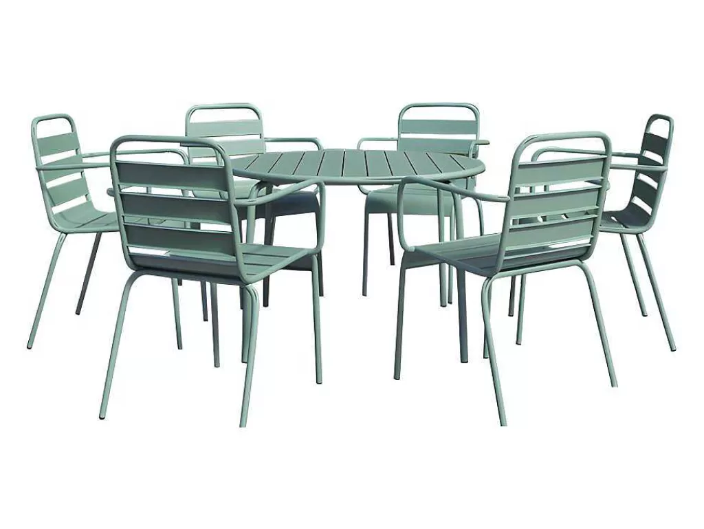 Conjunto Mesa E Cadeiras De Jardim*MYLIA Conjunto De Jantar De Jardim Metal, Uma Mesa Redonda D.130 Cm E 6 Cadeiroes Empilhaveis Verde Amendoa - Mirmande De