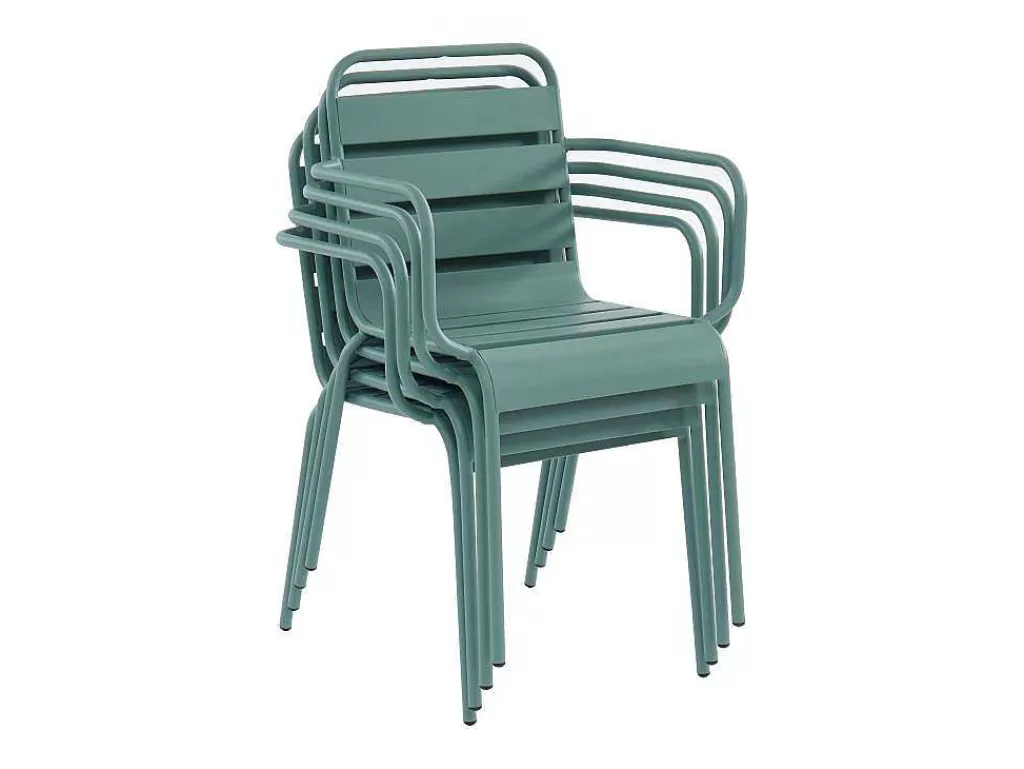 Conjunto Mesa E Cadeiras De Jardim*MYLIA Conjunto De Jantar De Jardim Metal, Uma Mesa Redonda D.130 Cm E 6 Cadeiroes Empilhaveis Verde Amendoa - Mirmande De