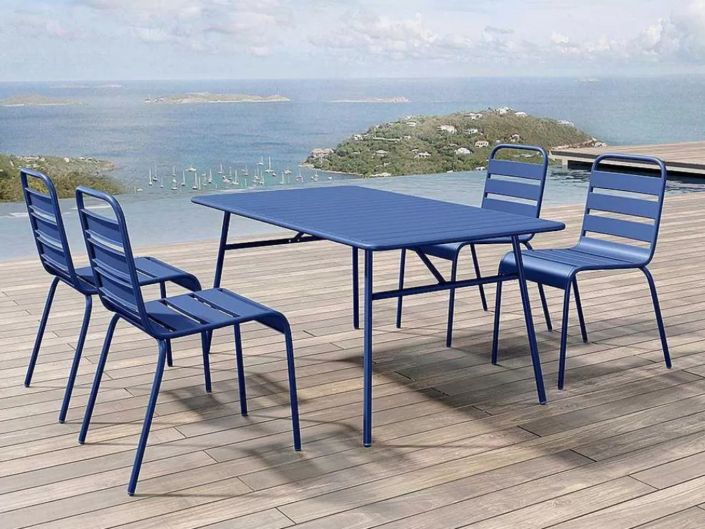 Conjunto Mesa E Cadeiras De Jardim*MYLIA Conjunto De Jardim De Jardim Em Metal, Uma Mesa C. 160 Cm E 4 Cadeiras Empilhaveis Azul-Escuro - Mirmande