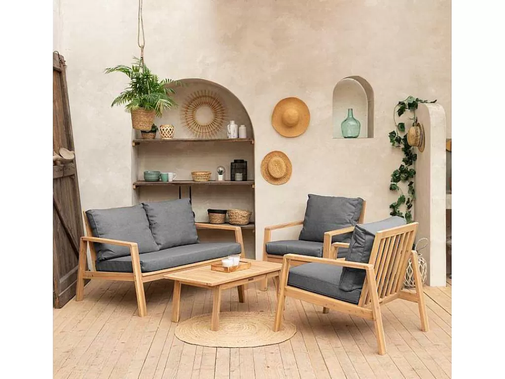 Conjunto Relax De Jardim*Happy Garden Conjunto De Mobiliário De Jardim De Acacia Gili - Almofadas Cinzentas