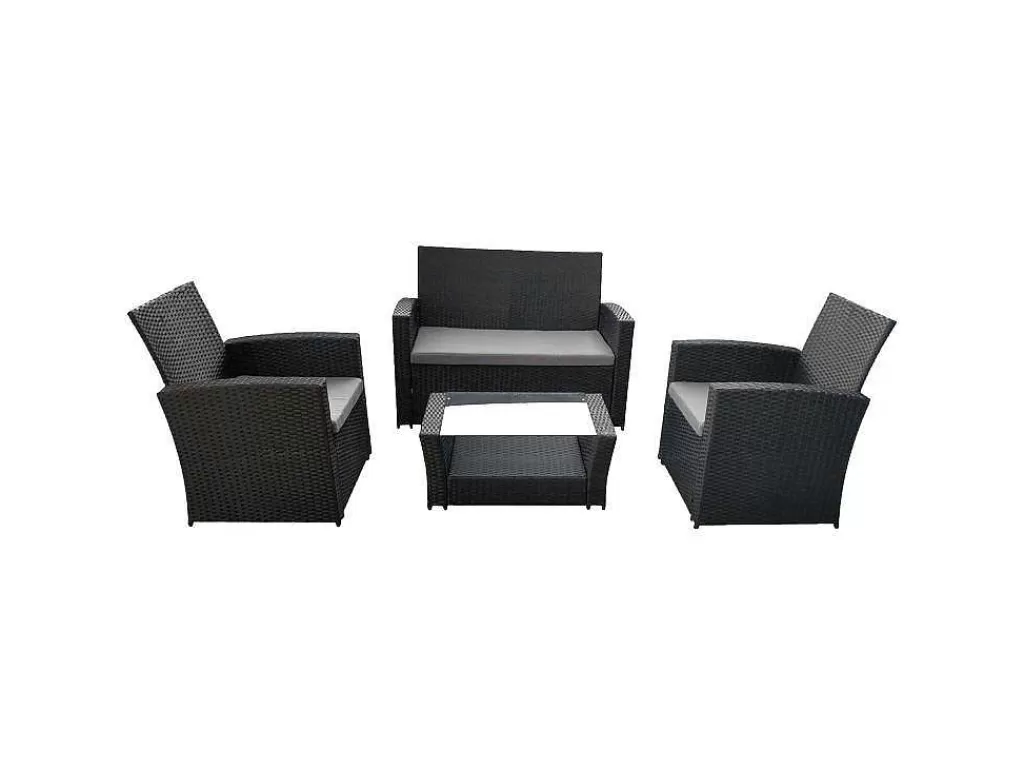Conjunto Relax De Jardim*Happy Garden Conjunto De Moveis De Jardim Comino Em Resina Tecida Preta 4 Lugares - Almofadas Cinzentas