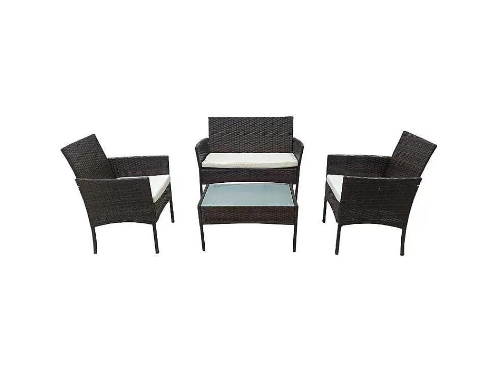 Conjunto Relax De Jardim*Happy Garden Conjunto De Moveis De Jardim Corfou Em Resina Tecida Castanha - 4 Lugares - Almofadas Bege