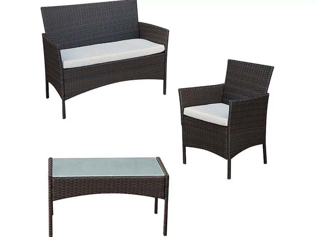 Conjunto Relax De Jardim*Happy Garden Conjunto De Moveis De Jardim Corfou Em Resina Tecida Castanha - 4 Lugares - Almofadas Bege