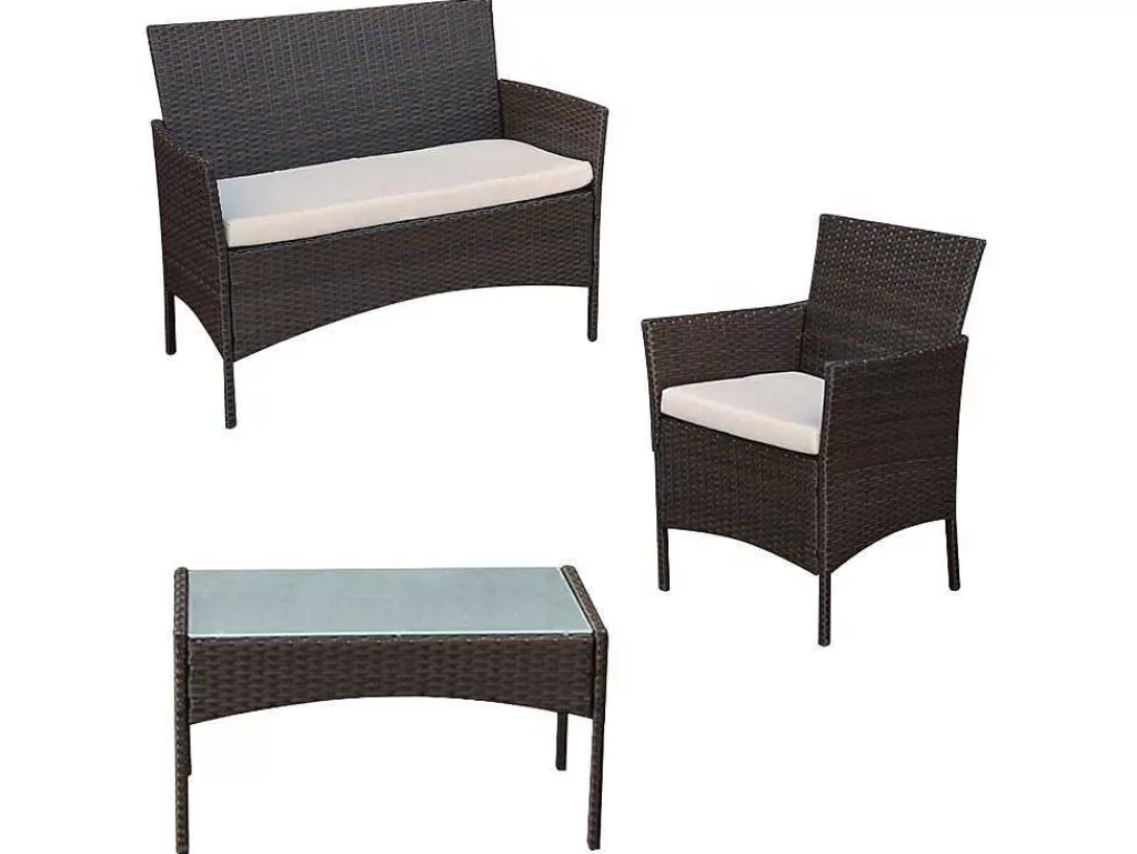 Conjunto Relax De Jardim*Happy Garden Conjunto De Moveis De Jardim Corfou Em Resina Tecida Castanha - 4 Lugares - Almofadas Bege