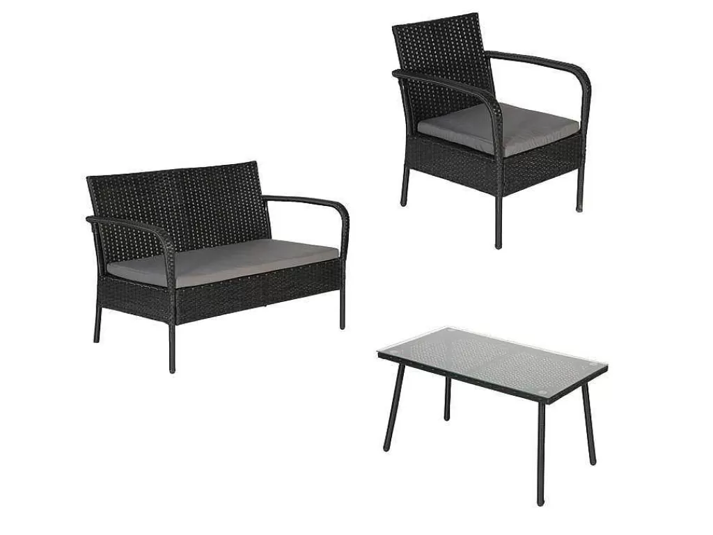 Conjunto Relax De Jardim*Happy Garden Conjunto De Moveis De Jardim Lipari Em Resina Tecida Em Preto - Almofadas Cinzentas
