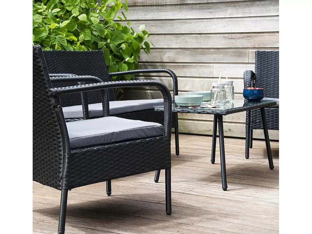 Conjunto Relax De Jardim*Happy Garden Conjunto De Moveis De Jardim Lipari Em Resina Tecida Em Preto - Almofadas Cinzentas
