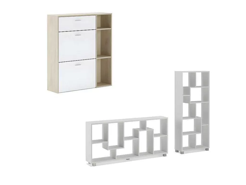 Sapateira*Skraut Home Conjunto De Sapateira Estrutura Carvalho, Gavetas E Portas Branco E Prateleiras Branca Mate