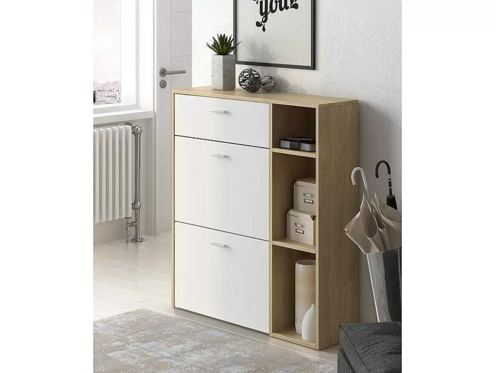 Sapateira*Skraut Home Conjunto De Sapateira Estrutura Carvalho, Gavetas E Portas Branco E Prateleiras Branca Mate
