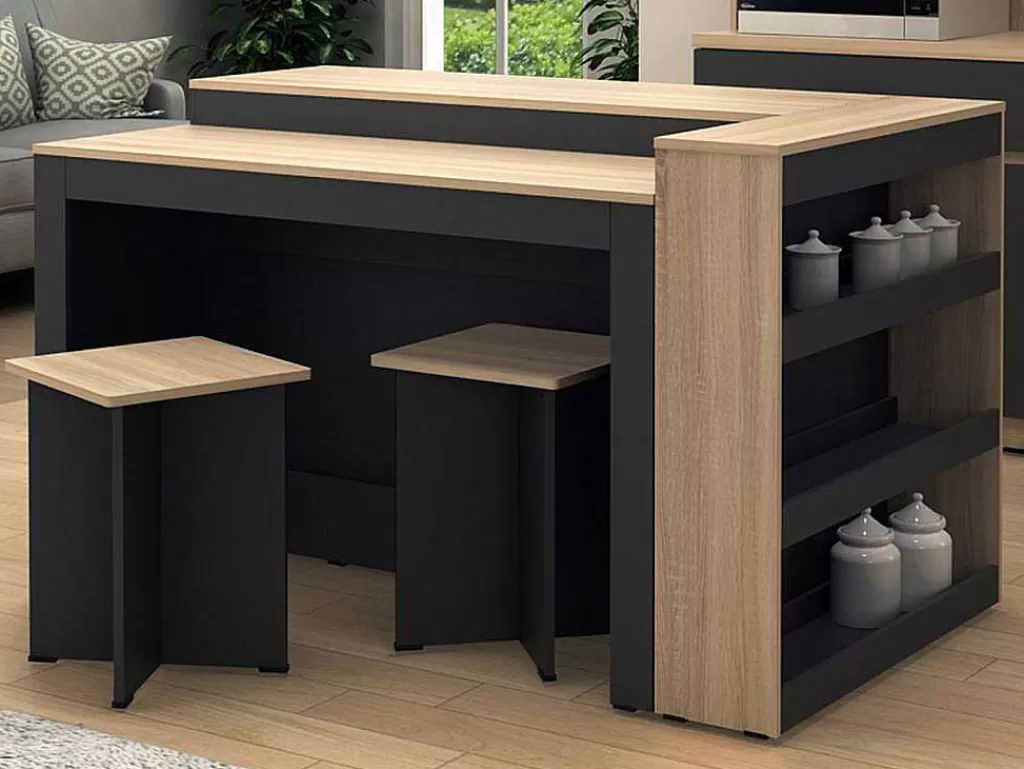 Móvel De Cozinha*Vente-unique Conjunto Ilha Central De Cozinha + 2 Bancos Preto E Natural Claro - Nusice