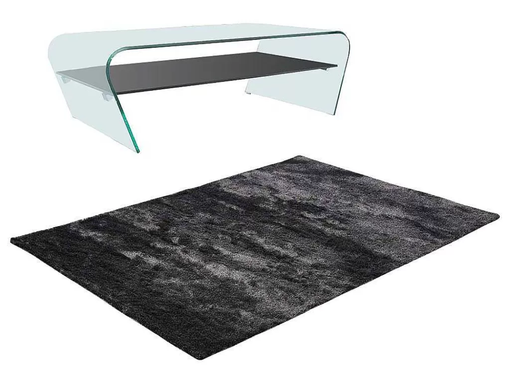 Mesa De Centro*Vente-unique Conjunto Mesa De Centro Transparente E Preta - Kelly E Tapete Felpudo Antracite - Dolce
