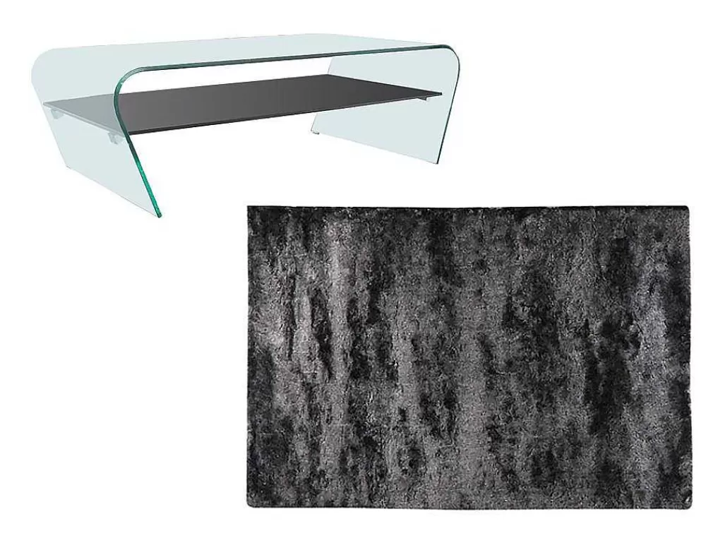 Mesa De Centro*Vente-unique Conjunto Mesa De Centro Transparente E Preta - Kelly E Tapete Felpudo Antracite - Dolce