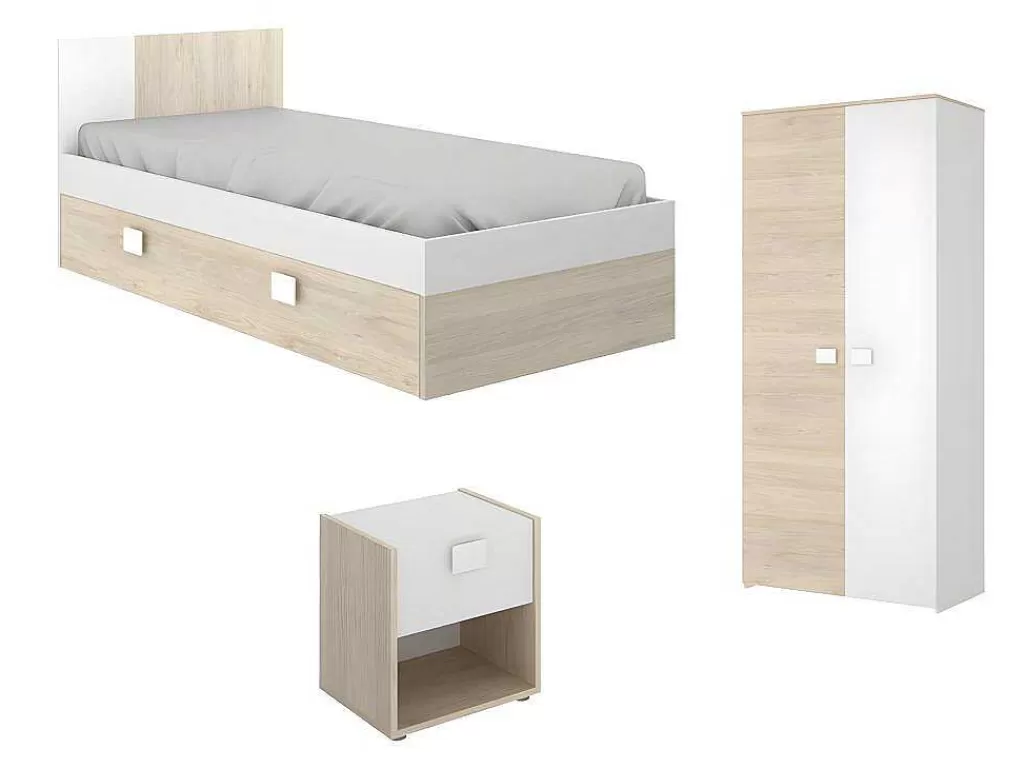 Cama Dupla*Vente-unique Conjunto Quarto Completo Cama 90 X 190 Cm + Mesa De Cabeceira + Guarda-Roupa - Sonia