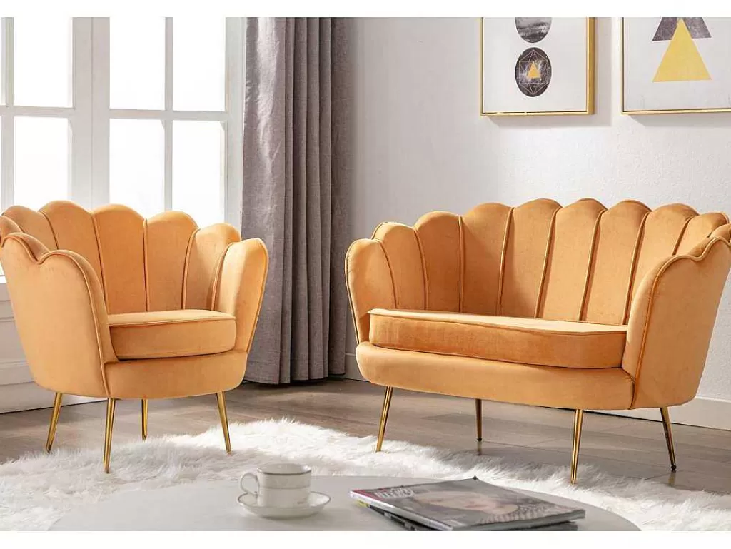 Conjunto Sofá E Poltrona*Vente-unique Conjunto Sofá De 2 Lugares E Poltrona Concha Em Veludo Amarelo-Mostarda Dandelion
