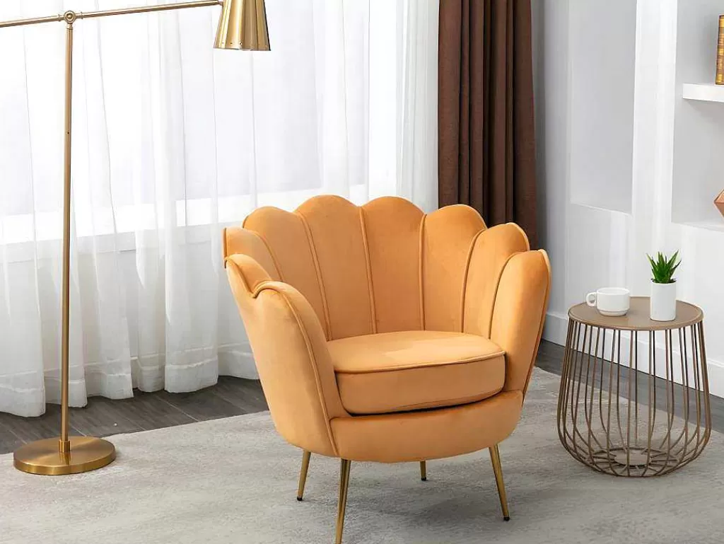 Conjunto Sofá E Poltrona*Vente-unique Conjunto Sofá De 2 Lugares E Poltrona Concha Em Veludo Amarelo-Mostarda Dandelion