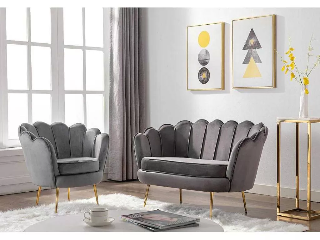 Conjunto Sofá E Poltrona*Vente-unique Conjunto Sofá De 2 Lugares E Poltrona Concha Em Veludo Antracite Dandelion