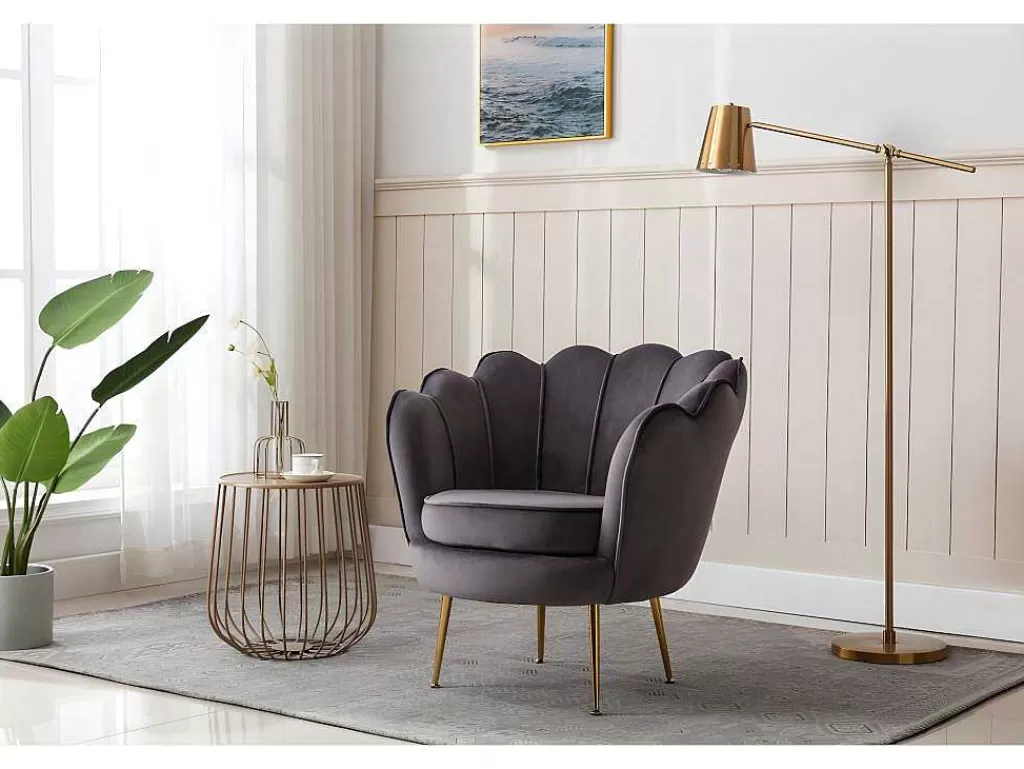 Conjunto Sofá E Poltrona*Vente-unique Conjunto Sofá De 2 Lugares E Poltrona Concha Em Veludo Antracite Dandelion