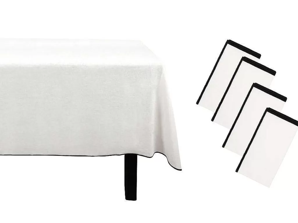 Têxteis De Mesa*OZAIA Conjunto Toalha + 4 Guardanapos De Mesa Em Linho E Algodao, Borda Preta, Branco, 170 X 170 Cm - Borina