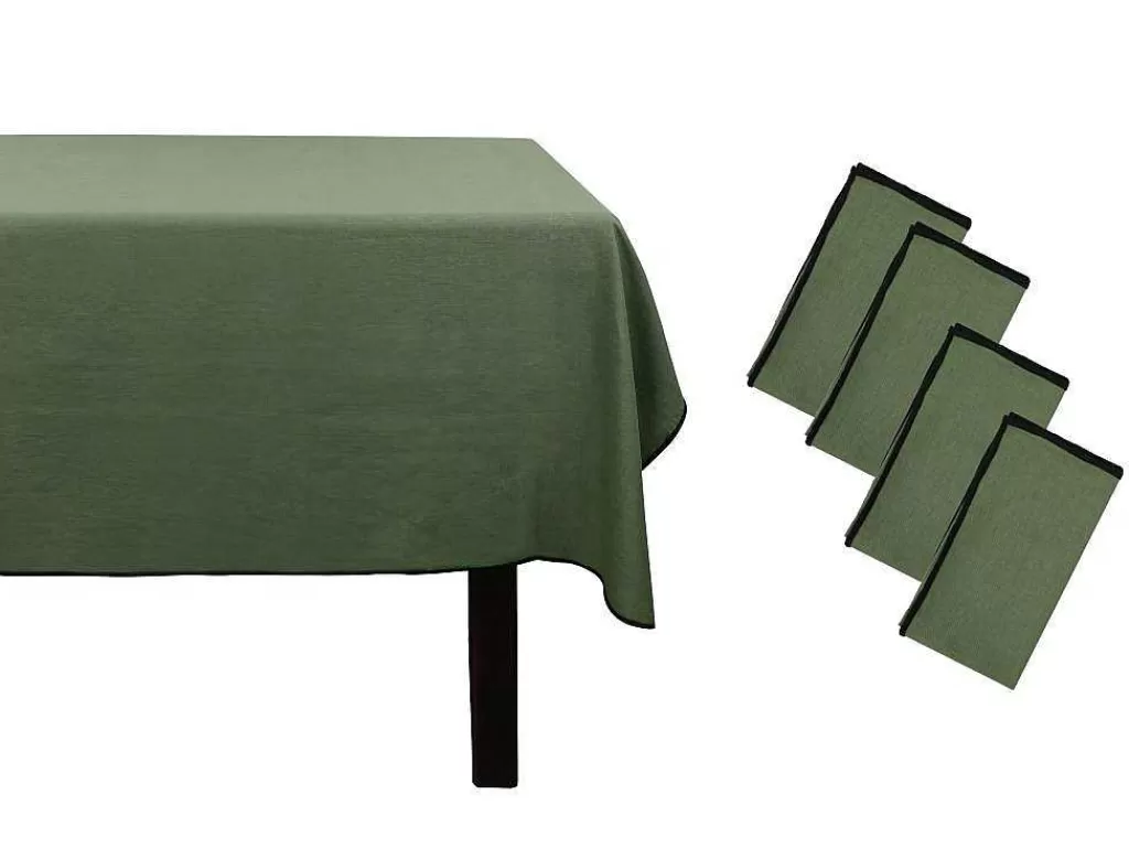 Têxteis De Mesa*OZAIA Conjunto Toalha + 4 Guardanapos De Mesa Em Linho E Algodao, Borda Preta, Caqui, 170 X 300 Cm - Borina