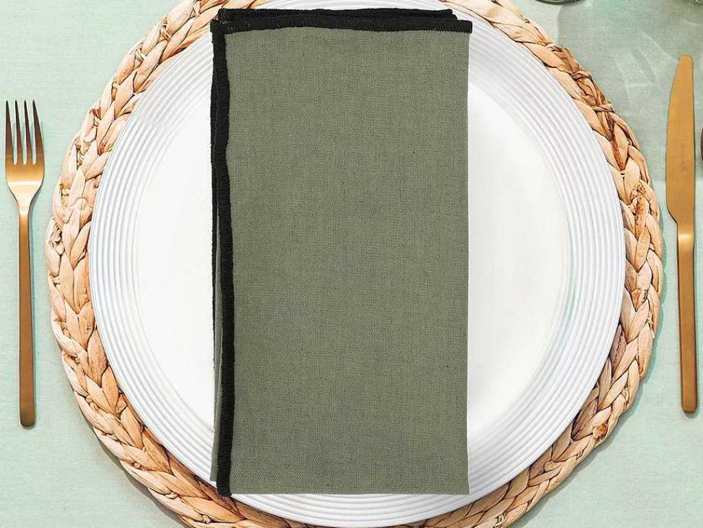 Têxteis De Mesa*OZAIA Conjunto Toalha + 4 Guardanapos De Mesa Em Linho E Algodao, Borda Preta, Caqui, 170 X 300 Cm - Borina