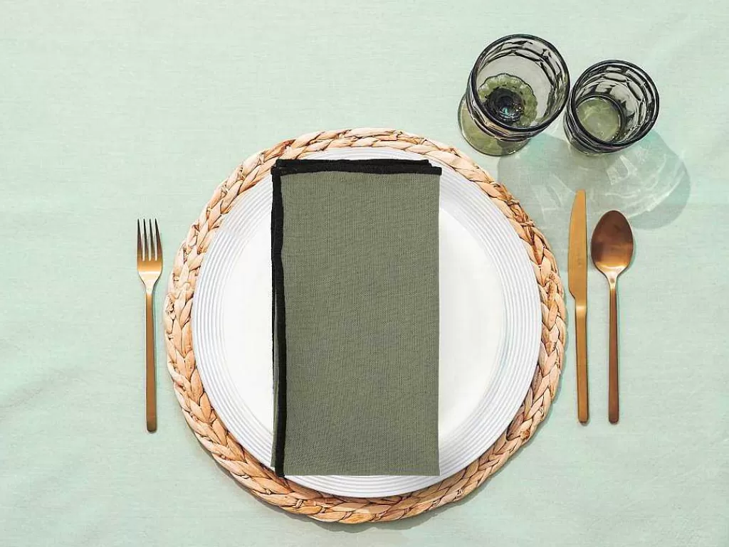 Têxteis De Mesa*OZAIA Conjunto Toalha + 4 Guardanapos De Mesa Em Linho E Algodao, Borda Preta, Caqui, 170 X 300 Cm - Borina