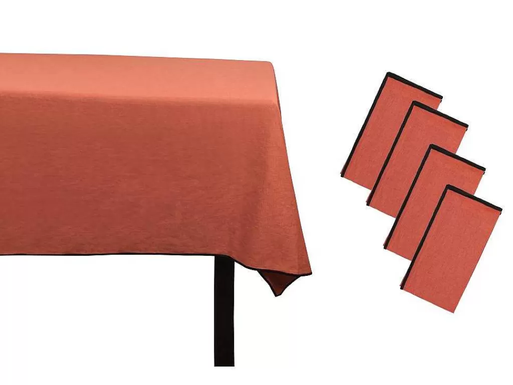 Têxteis De Mesa*OZAIA Conjunto Toalha + 4 Guardanapos De Mesa Em Linho E Algodao, Borda Preta, Terracota, 170 X 300 Cm - Borina