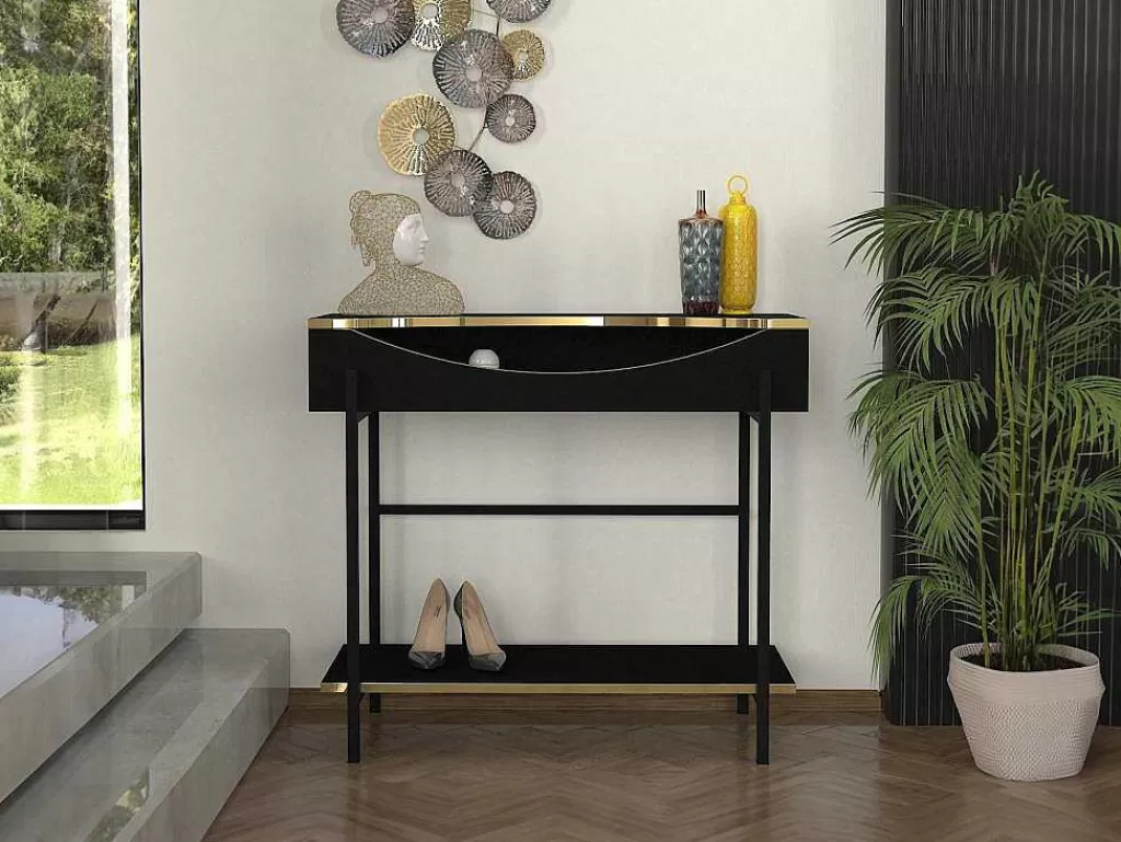 Promoções Sala*Vente-unique Consola Com 1 Prateleira E 1 Nicho Preto E Dourado - Meriova
