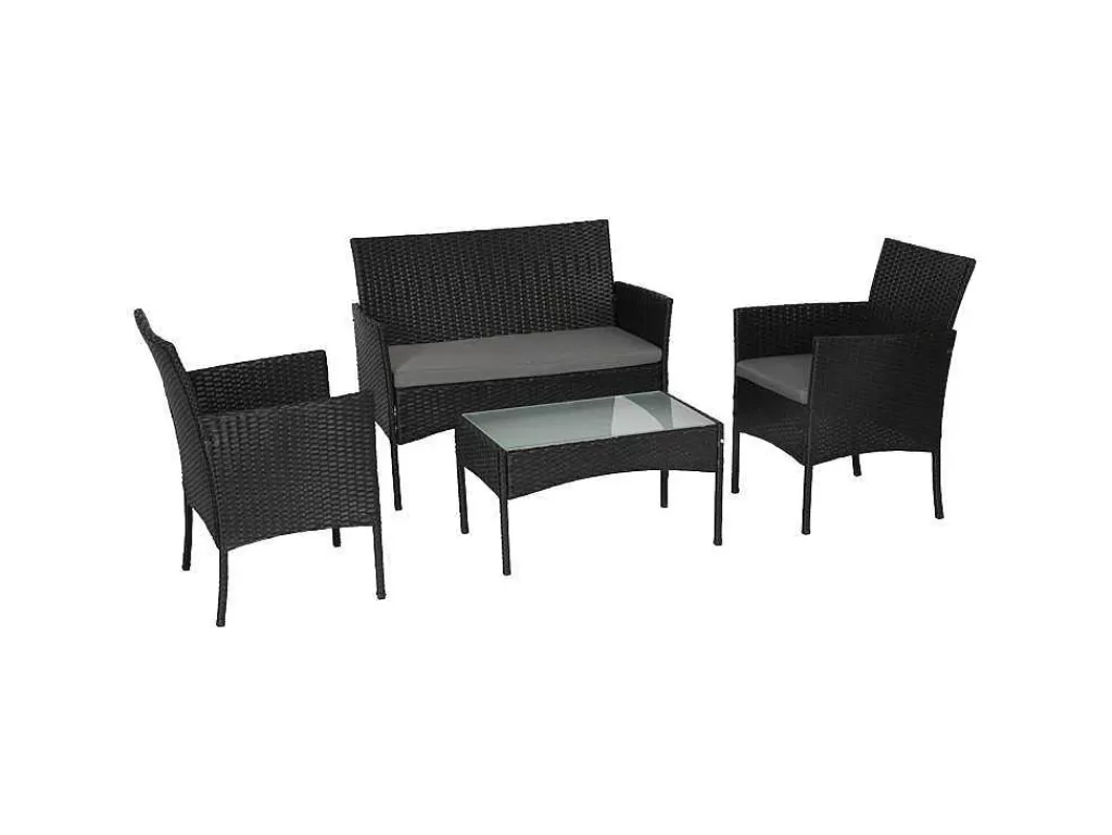 Conjunto Relax De Jardim*Happy Garden Cordoue Mobiliário De Jardim Conjunto Em Resina Tecida Preta 4 Lugares - Almofadas Cinzentas