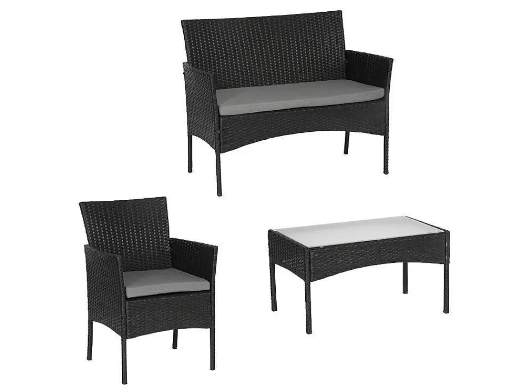 Conjunto Relax De Jardim*Happy Garden Cordoue Mobiliário De Jardim Conjunto Em Resina Tecida Preta 4 Lugares - Almofadas Cinzentas