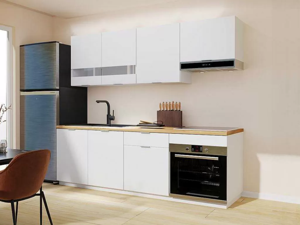 Móvel De Cozinha*Vente-unique Cozinha Completa 200 Cm, 6 Elementos De Arrumação, Branco E Natural - Carmeo
