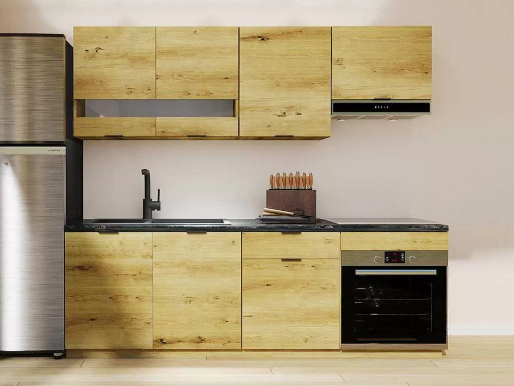 Móvel De Cozinha*Vente-unique Cozinha Completa 200 Cm, 6 Elementos De Arrumação, Natural E Antracite - Carmeo