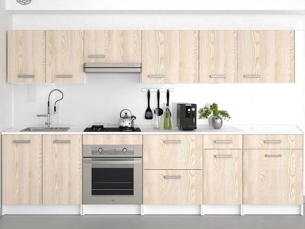 Móvel De Cozinha*Vente-unique Cozinha Completa 300 Cm 10 Elementos De Arrumação Natural E Branco - Trattoria