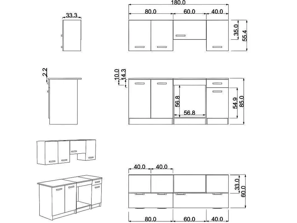 Móvel De Cozinha*Vente-unique Cozinha Completa De 180 Cm Com 6 Compartimentos De Arrumação Cor Carvalho E Branco - Trattoria