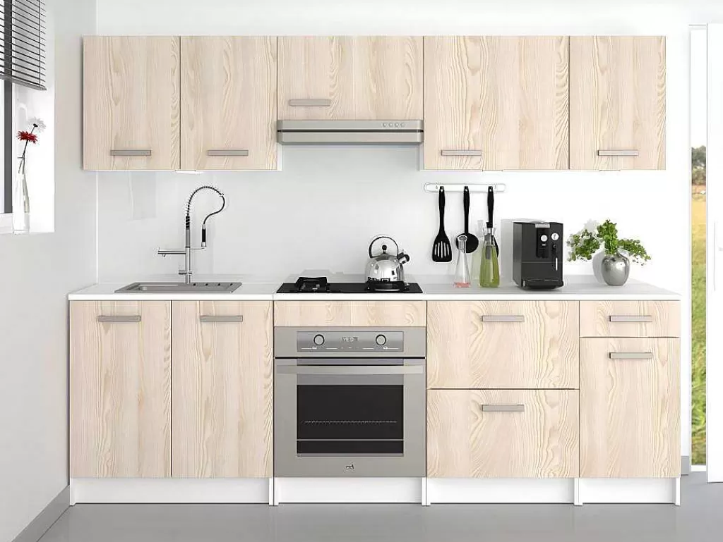Móvel De Cozinha*Vente-unique Cozinha Completa De 240 Cm Com 8 Compartimentos De Arrumação Cor Carvalho E Branco - Trattoria