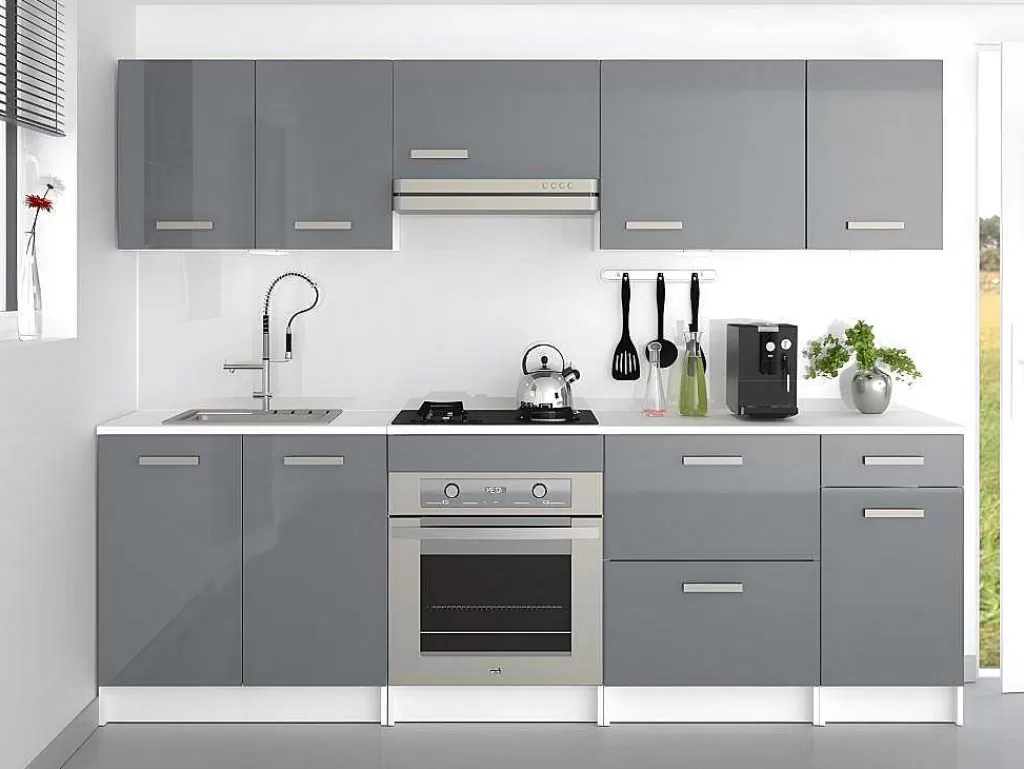 Promoções Sala*Vente-unique Cozinha Completa De 240 Cm Com 8 Compartimentos De Arrumação Cor Cinza E Branco - Trattoria