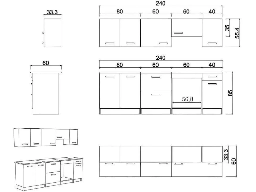 Promoções Sala*Vente-unique Cozinha Completa De 240 Cm Com 8 Compartimentos De Arrumação Cor Cinza E Branco - Trattoria
