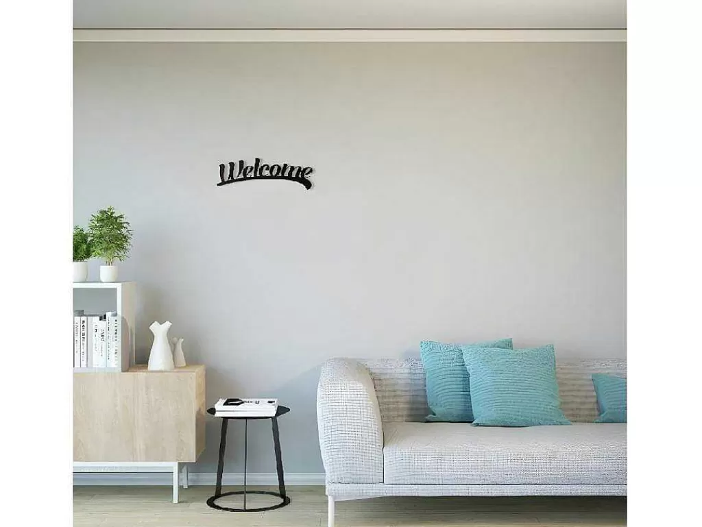 Placa De Parede Decorativa*EPIKASA Decoração Metalica Welcome 3, Preto, 50X1,5X15 Cm,