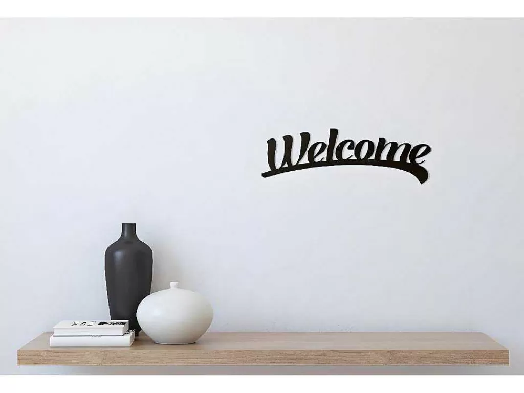 Placa De Parede Decorativa*EPIKASA Decoração Metalica Welcome 3, Preto, 50X1,5X15 Cm,