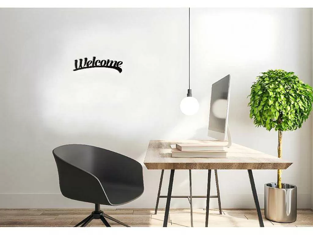 Placa De Parede Decorativa*EPIKASA Decoração Metalica Welcome 3, Preto, 50X1,5X15 Cm,