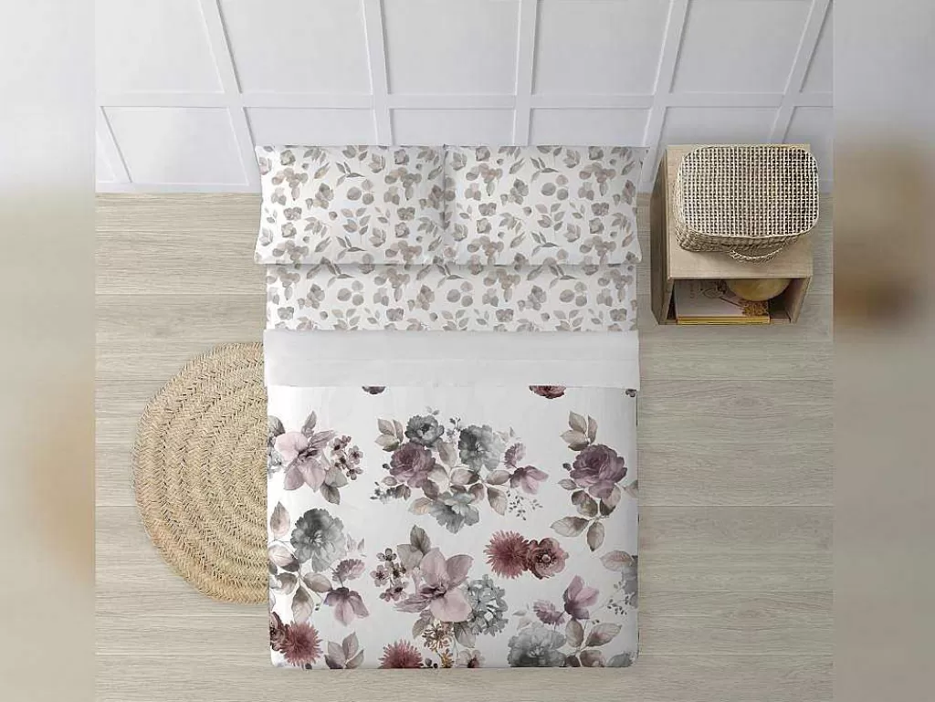 Roupa De Cama*Purline Drap De Dessus 100% Coton 1 Piece Blanc A Fleurs Pastels 220X240