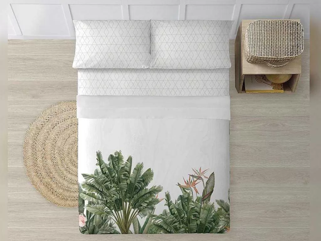 Roupa De Cama*Purline Drap De Dessus 100% Coton 1 Piece Blanc A Motifs Jungle 240X240