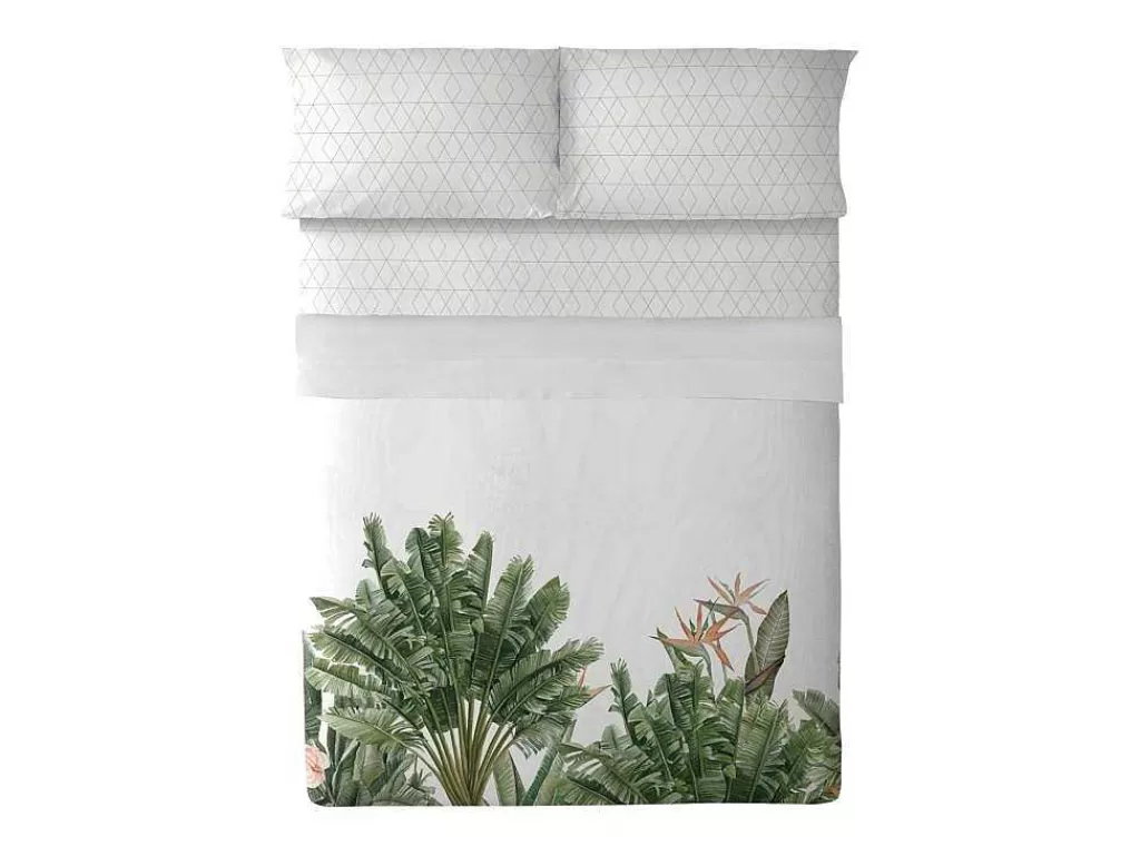 Roupa De Cama*Purline Drap De Dessus 100% Coton 1 Piece Blanc A Motifs Jungle 260 X 240