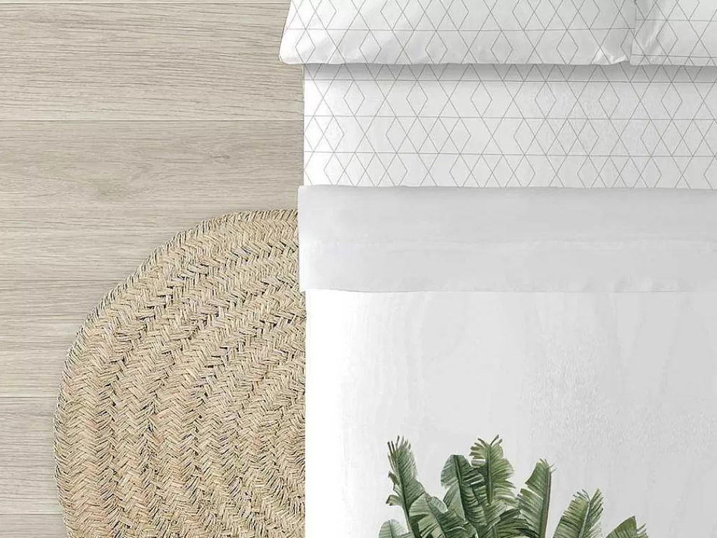 Roupa De Cama*Purline Drap De Dessus 100% Coton 1 Piece Blanc A Motifs Jungle 260 X 240