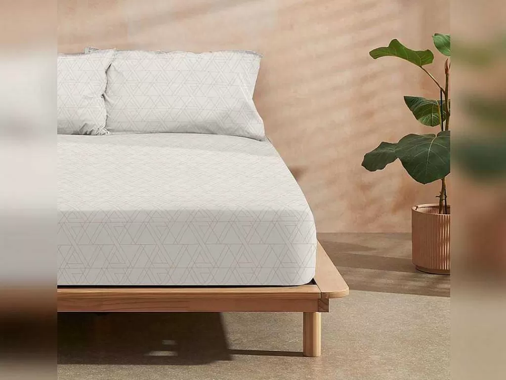 Roupa De Cama*Purline Drap Housse 100% Coton 1 Piece Beige A Triangles 160X200
